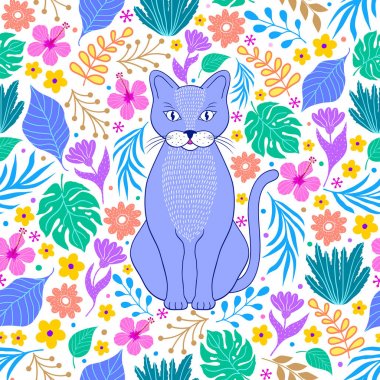 turuncu kedi ve tropikal çiçekler