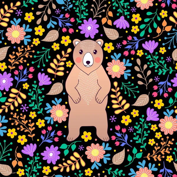 Візерунок з ведмедем і квітами — стоковий вектор