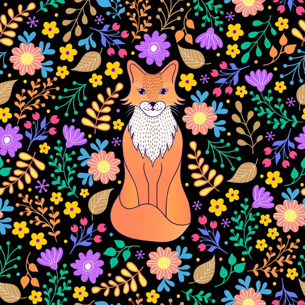Μοτίβο με αλεπού, λουλούδια και φύλλα — Διανυσματικό Αρχείο