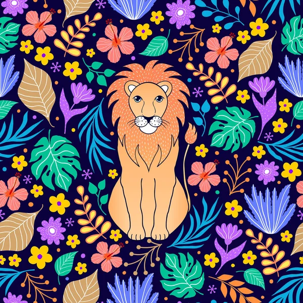 Лев і тропічні квіти — стоковий вектор