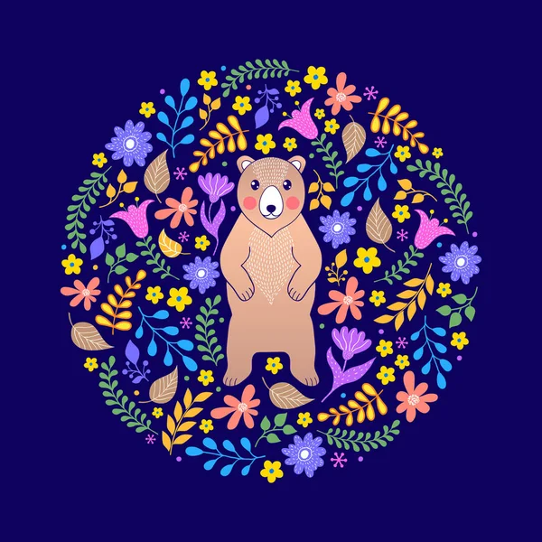 Κάρτα με αρκούδα και λουλούδια — Διανυσματικό Αρχείο