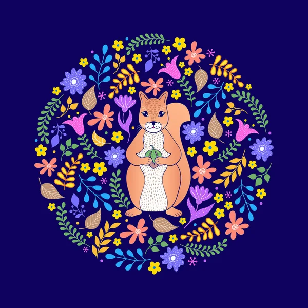 Cartão com esquilo e flor —  Vetores de Stock