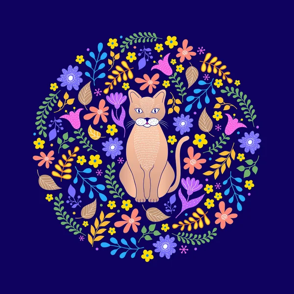 Cat and flowers on dark background — Stock Vector