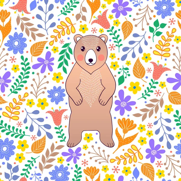 Urso e flores no fundo branco — Vetor de Stock