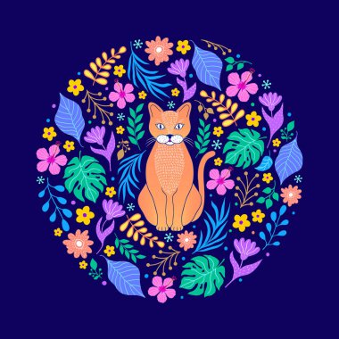 siyah arka planda kedi ve çiçekler