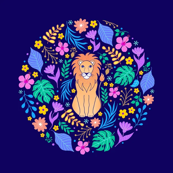 León y flores tropicales — Vector de stock