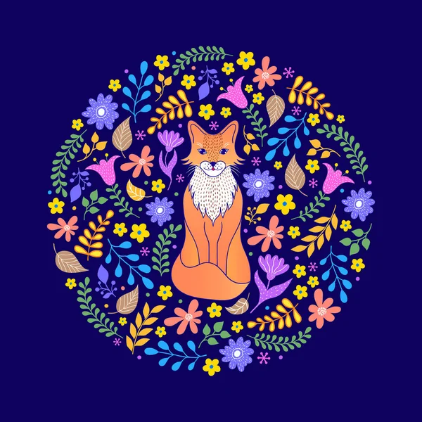卡与狐狸和花 — 图库矢量图片