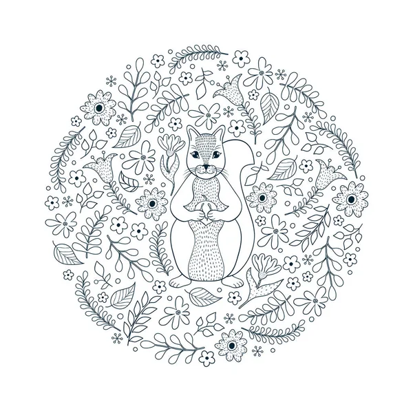 Motif avec écureuil et fleurs — Image vectorielle