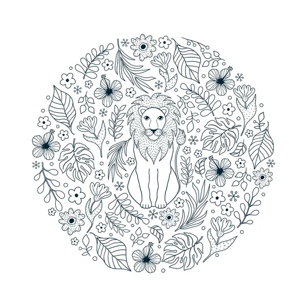 शेर और उष्णकटिबंधीय फूल — स्टॉक वेक्टर