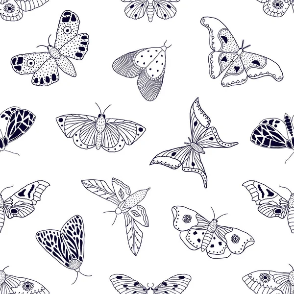 El çizilmiş kelebekler ve güveler ile desen — Stok Vektör