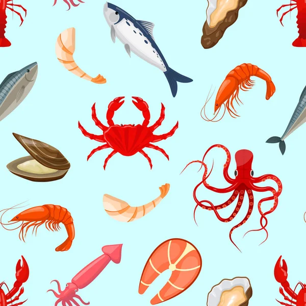 Pattern with octopus, fish, shrimp, lobster, squid, oyste — стоковый вектор