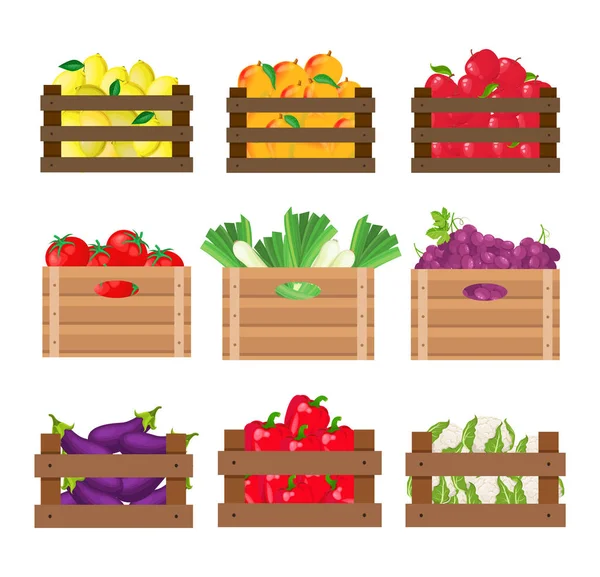 Ovoce a zelenina v dřevěných bednách — Stockový vektor