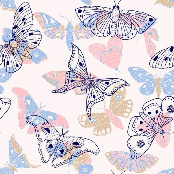 Muster mit handgezeichneten Schmetterlingen und Motten — Stockvektor
