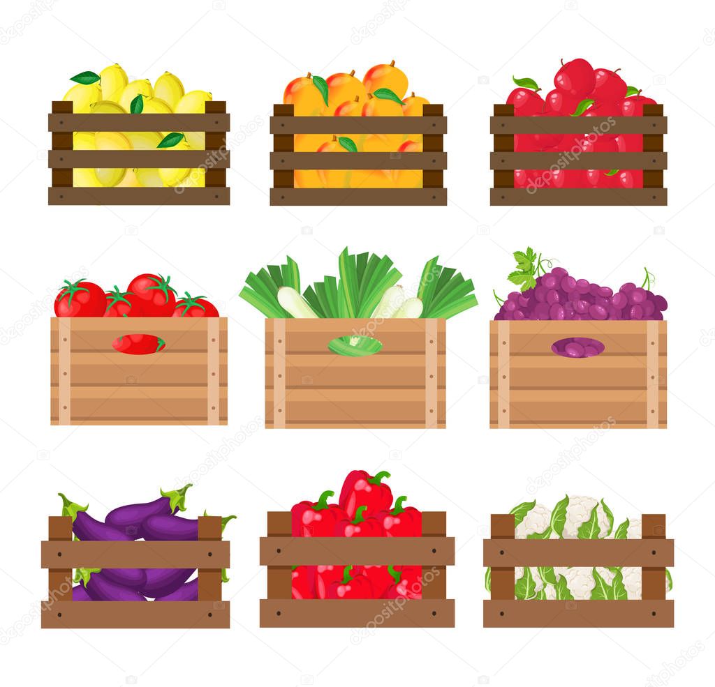 fruits and vegetables in wooden crates