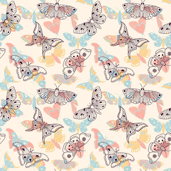 Muster mit handgezeichneten Schmetterlingen — Stockvektor