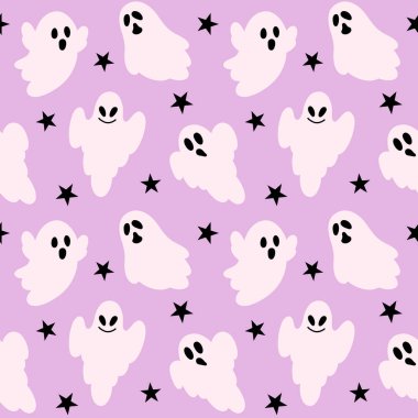 Eflatun bir arka planda hayaletler ve siyah yıldızlarla şirin, pürüzsüz bir desen. Cadılar Bayramı tasarımları ve çocuk ürünleri için mükemmel..
