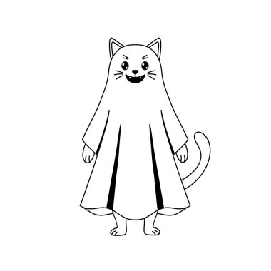 Hayalet gibi giyinmiş kedi, siyah beyaz karalama çizimi. Cadılar Bayramı için mükemmel, ürkütücü ve evcil hayvan temalı tasarımlar..