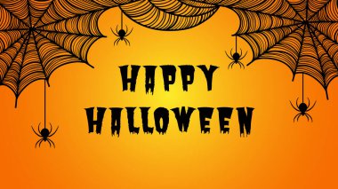 Cadılar Bayramı arkaplanı Mutlu Cadılar Bayramı metinleri, örümcek ağları ve turuncu renkli örümcekler.