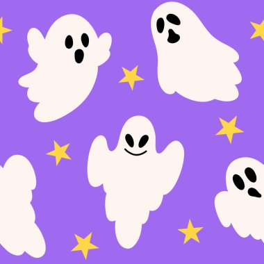 Pırıl pırıl mor arka planda parlak beyaz hayaletleri ve sarı yıldızları olan kusursuz bir desen. Cadılar Bayramı için ideal, çocuklar için tekstil, ya da şenlikli dekor.
