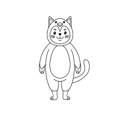 Beyaz arka planda penguen kostümü giymiş kedi..