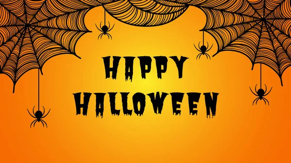 Cadılar Bayramı arkaplanı Mutlu Cadılar Bayramı metinleri, örümcek ağları ve turuncu renkli örümcekler.