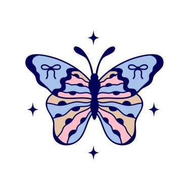 Beyaz arka planda yayları ve yıldızları olan pastel renkli bir kelebek..