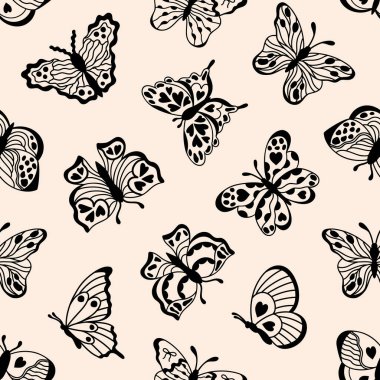 Pastel arka planda siyah karalama kelebeklerinin kusursuz deseni