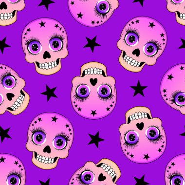 Güzel kafatasları ve mor arka planda siyah yıldızlarla kusursuz bir desen..