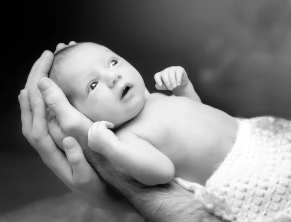 Newborn baby boy on the fathers hand. — Stock Photo, Image