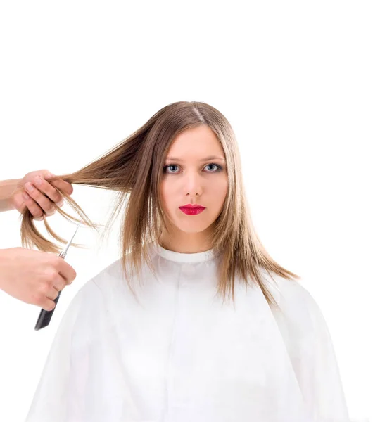 Peluquería Profesional Con Modelo Pelo Largo Aislado Sobre Fondo Blanco — Foto de Stock