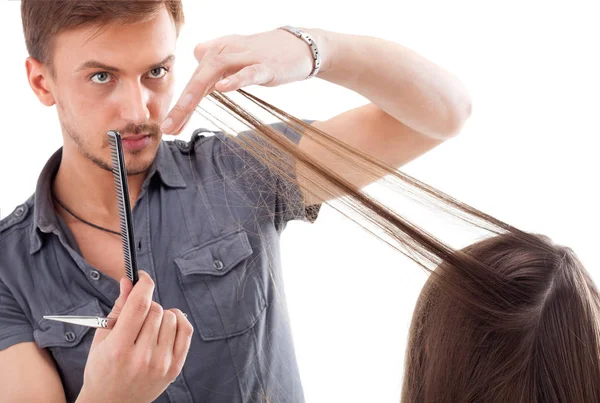 Professioneller Friseur Mit Langen Haaren Modell Isoliert Auf Weißem Hintergrund — Stockfoto