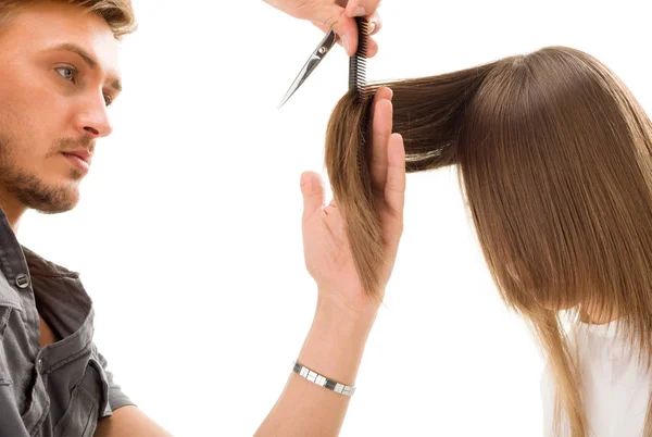 Professional Hairdresser Long Hair Model Isolated White Background — Stock Photo, Image
