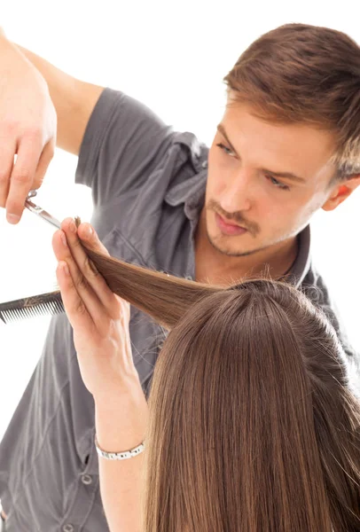 Profesjonalny Salon Fryzjerski Długie Włosy Model Białym Tle — Zdjęcie stockowe