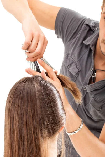 Coiffeur Professionnel Avec Modèle Cheveux Longs Isolé Sur Fond Blanc — Photo