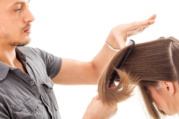 Profesionální Kadeřnictví Dlouhými Vlasy Modelem Izolované Bílém Pozadí — Stock fotografie