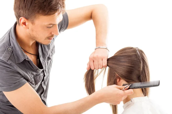 Professionell Frisör Med Långt Hår Modell Isolerad Vit Bakgrund — Stockfoto