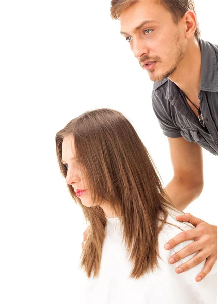 Cabeleireiro Profissional Com Modelo Cabelo Longo Isolado Fundo Branco — Fotografia de Stock