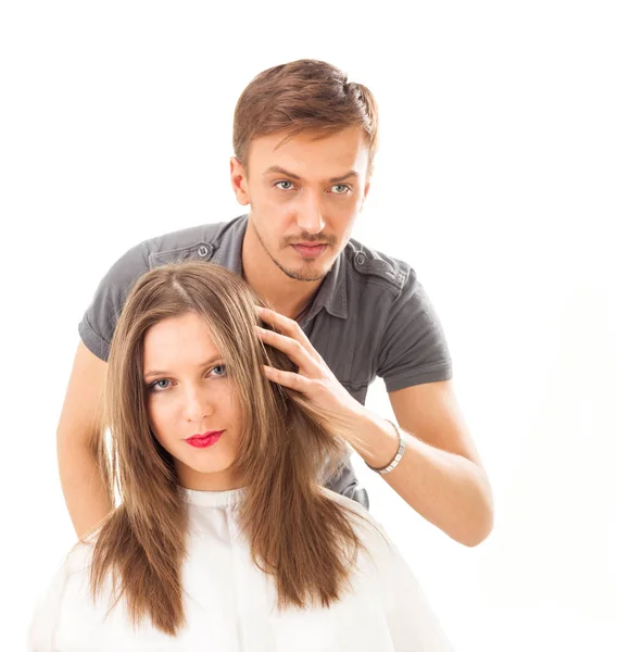 Professionele Kapper Met Lang Haar Model Geïsoleerd Witte Achtergrond — Stockfoto