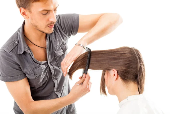 Profesionální Kadeřnictví Dlouhými Vlasy Modelem Izolované Bílém Pozadí — Stock fotografie