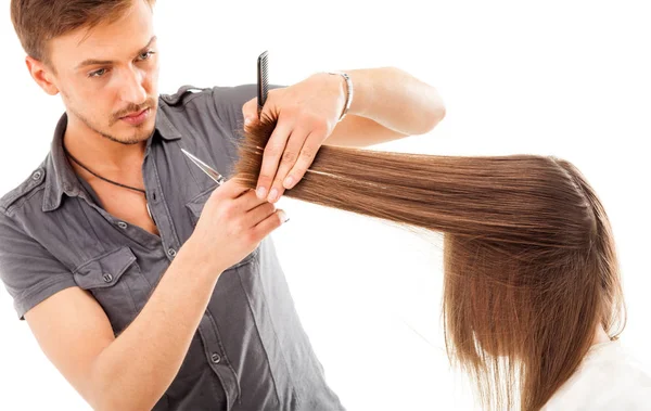 Professionele Kapper Met Lang Haar Model Geïsoleerd Witte Achtergrond — Stockfoto