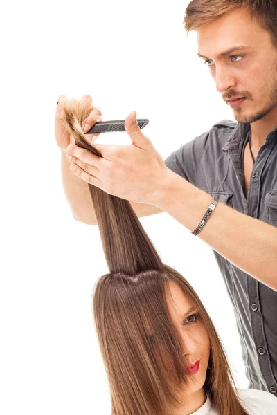 Profesjonalny Salon Fryzjerski Długie Włosy Model Białym Tle — Zdjęcie stockowe