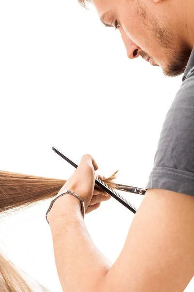 Professionell Frisör Med Långt Hår Modell Isolerad Vit Bakgrund — Stockfoto