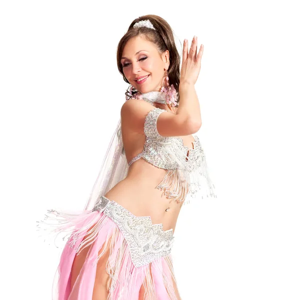 Sexy barriga dançarina vestindo um branco traje — Fotografia de Stock