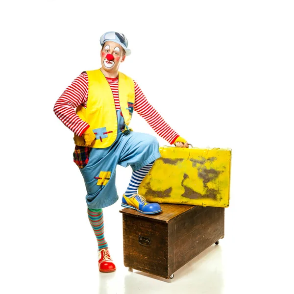 Een Grappige Clown Met Lachende Blije Uitdrukking Geïsoleerd Witte Achtergrond — Stockfoto