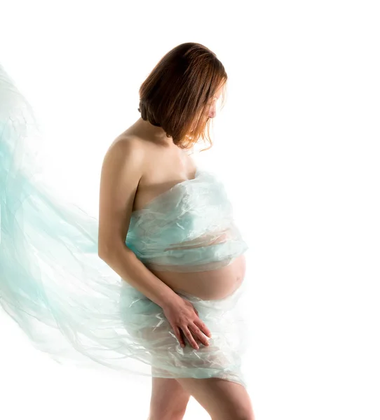 Έγκυος γυναίκα, μέλλουσα μητέρα σε λευκό φόντο, κοντινό πλαίσιο έγκυος κοιλιά — Φωτογραφία Αρχείου