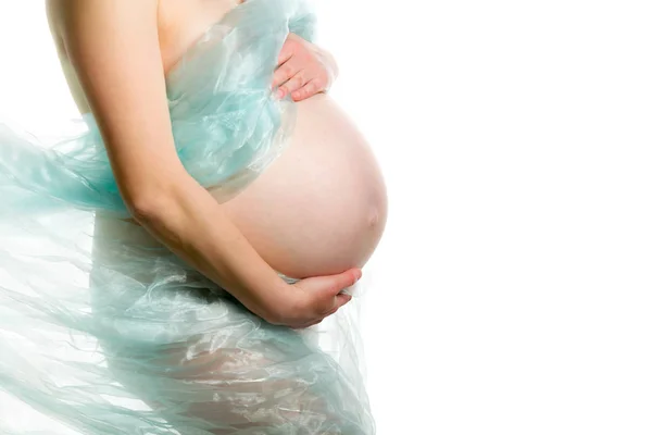 Femme enceinte, femme enceinte sur fond blanc, gros plan du ventre enceinte — Photo