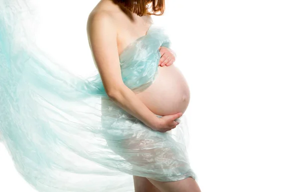 Těhotná žena, nedočkavý rodič na bílém pozadí, zblízka na těhotné břicho — Stock fotografie