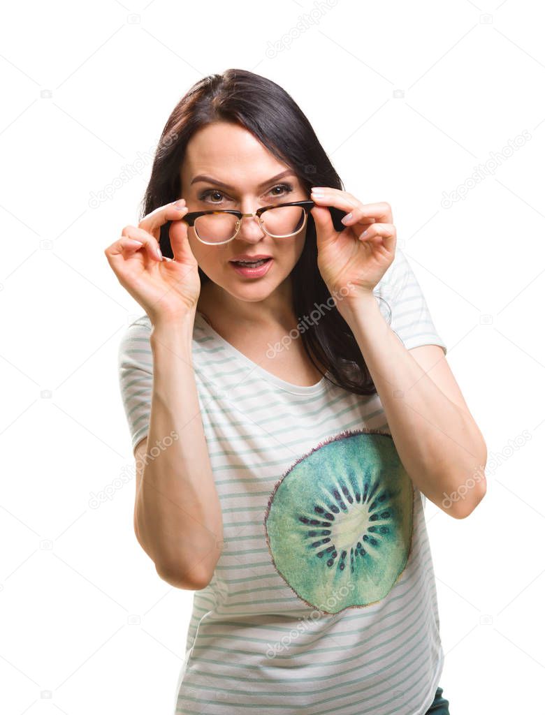 Woman with her glasses lifted up cant see