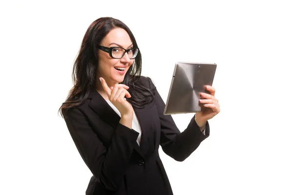 Portrait of business woman in eyeglasses holding tablet computer — Stock Photo, Image