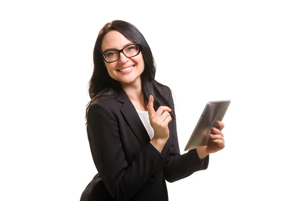 Portrait of business woman in eyeglasses holding tablet computer — Stock Photo, Image